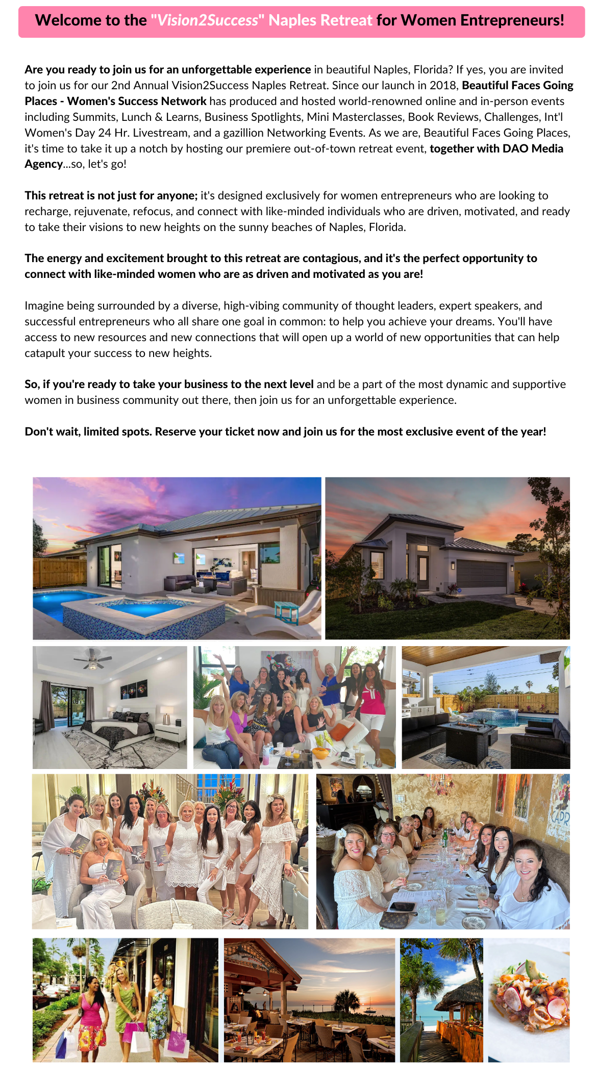 Vision2Success" Naples Retreat for Women Entrepreneurs!